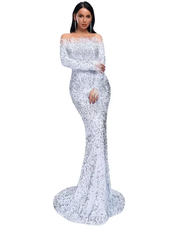 Sequin Dress Feather Off Shoulder Long Sleeve Mermaid Evening Gown