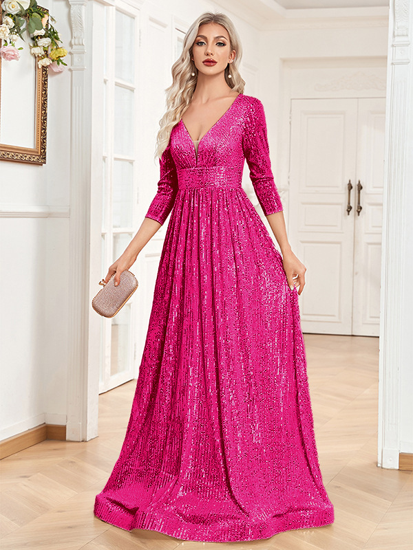 Sequin Evening Dress Women Long Sleeve V-Neck Elegant Maxi Gown