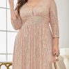 Women Plus Size Sequin Long Sleeve V-Neck Elegant Evening Party Dress