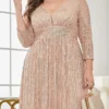 Women Plus Size Sequin Long Sleeve V-Neck Elegant Evening Party Dress