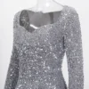 Sequin Velvet Long Sleeve V-Neck Mermaid Evening Gown Formal Party Dress