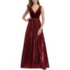 Sequin Patchwork Velvet V-Neck Sleeveless A Line Maxi Evening Dress Elegant
