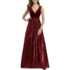 Wine Red Sequin Velvet Patchwork Sleeveless V-Neck A-Line Maxi Dress