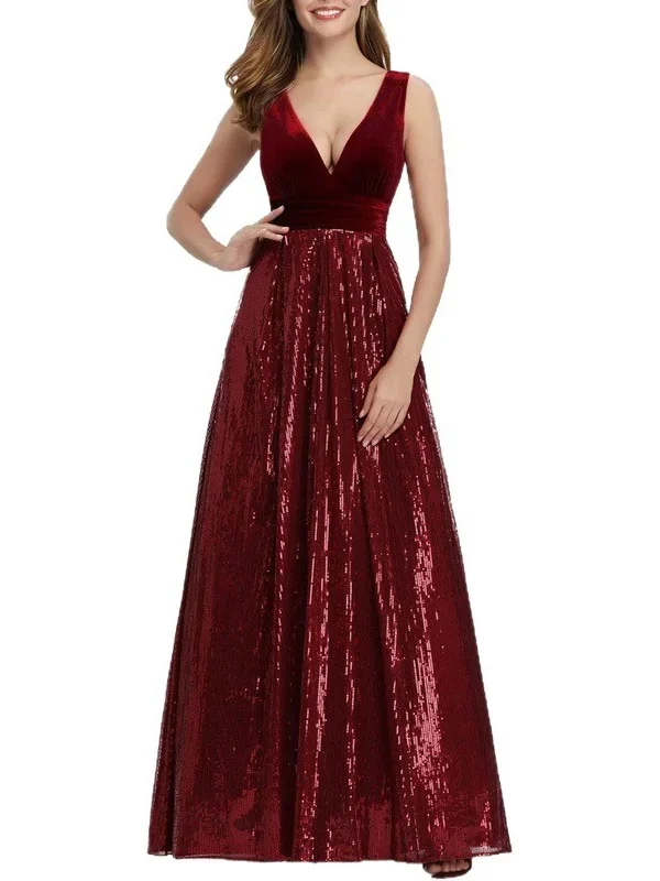 Wine Red Sequin Velvet Patchwork Sleeveless V-Neck A-Line Maxi Dress