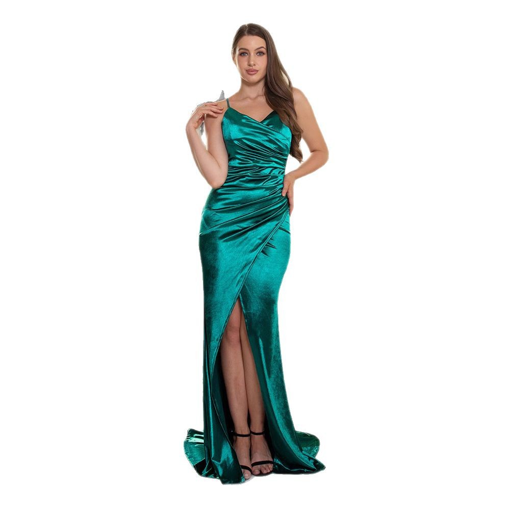 Satin Spaghetti Strap Ruched Mermaid Slit Evening Dress