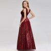 Sequin Patchwork Velvet V-Neck Sleeveless A Line Maxi Evening Dress Elegant