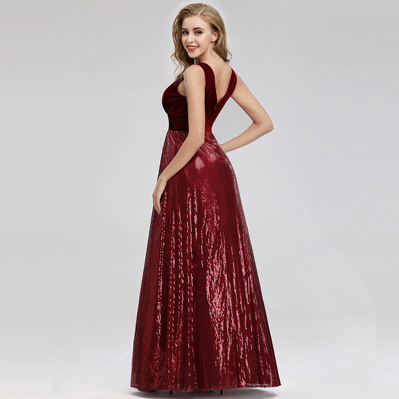 Wine Red Sequin Velvet Patchwork Sleeveless V-Neck A-Line Maxi Dress