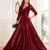 Sequin V-Neck Long Sleeve Satin Evening Gown Plus Size