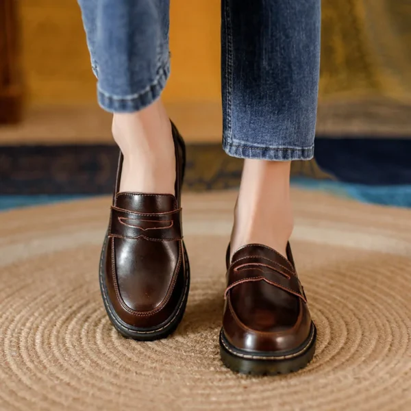 Womens Retro Round Toe Leather Loafer Flats Shoes Slip On Casual All Season