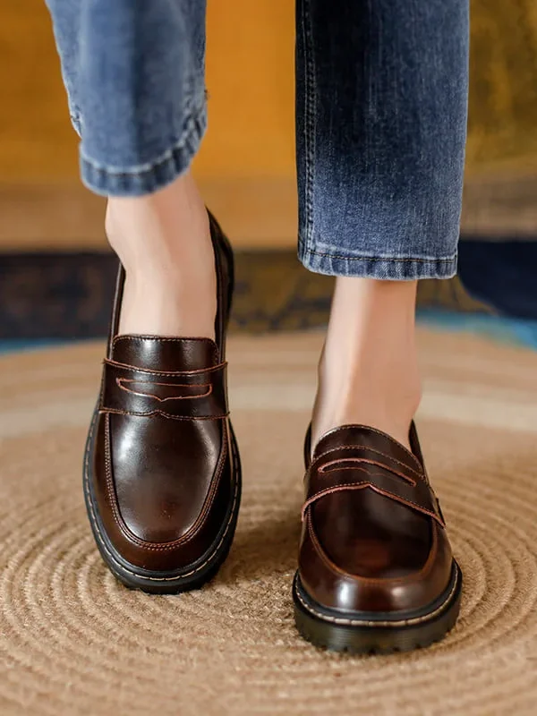 Womens Retro Round Toe Leather Loafer Flats Shoes Slip On Casual All Season