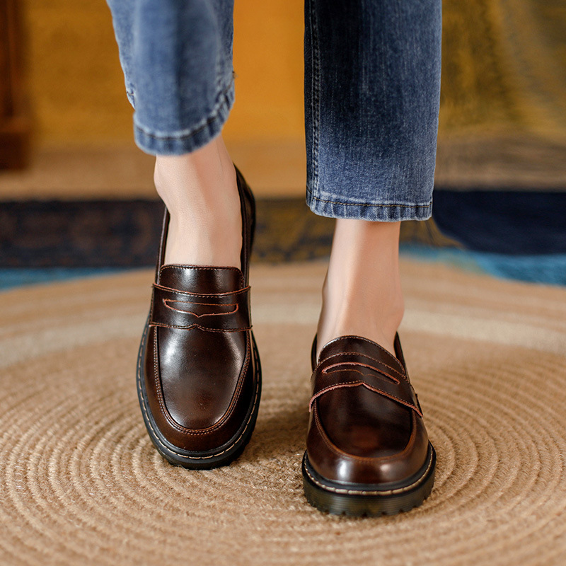 Womens Retro Round Toe Leather Loafer Flats Shoes Slip On Casual All Season
