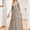 Sequin Evening Dress Women Long Sleeve V-Neck Elegant Maxi Gown