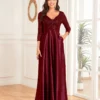 Sequin V-Neck Long Sleeve Satin Evening Gown Plus Size