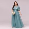 Women Plus Size Elegant Sequin Embroidery Short Sleeve Tulle Evening Gown Dress