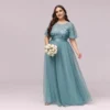 Women Plus Size Elegant Sequin Embroidery Short Sleeve Tulle Evening Gown Dress