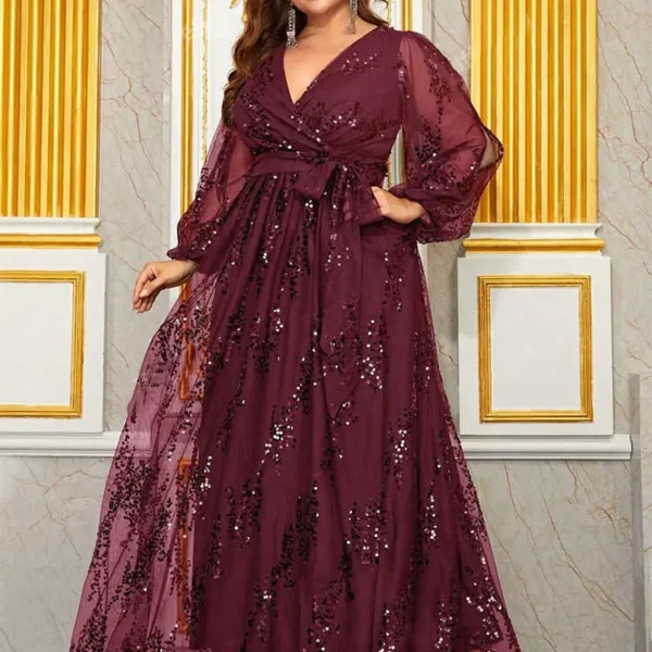 Plus Size Sequin V-Neck Lantern Sleeve High Waist Maxi Evening Dress