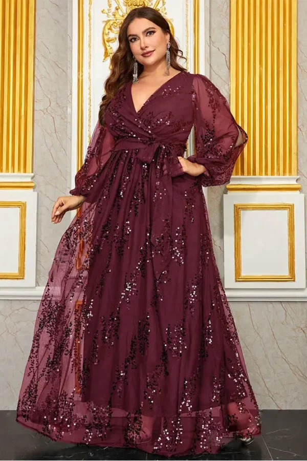 Plus Size Sequin V-Neck Lantern Sleeve High Waist Maxi Evening Dress