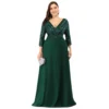 Plus Size Sequin Evening Dress Deep V-Neck 3/4 Sleeve Floor-Length Party Gown