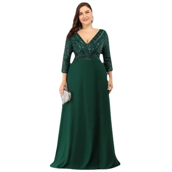 Plus Size Sequin Evening Dress Deep V-Neck 3/4 Sleeve Floor-Length Party Gown