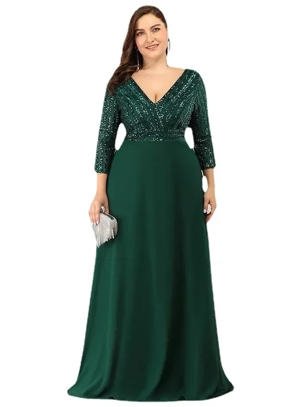 Plus Size Sequin Evening Dress Deep V-Neck 3/4 Sleeve Floor-Length Party Gown