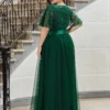 Women Plus Size Elegant Sequin Embroidery Short Sleeve Tulle Evening Gown Dress