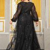 Plus Size Sequin V-Neck Lantern Sleeve High Waist Maxi Evening Dress