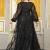 Plus Size Sequin V-Neck Lantern Sleeve High Waist Maxi Evening Dress