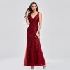Womens Summer Mermaid Evening Gown Deep V-Neck Sleeveless Tulle Sequin Embroidered Dress