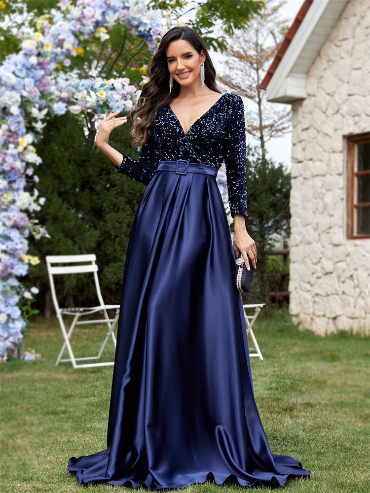 Plus Size V-neck Sequin Dress Velvet Long Sleeve Evening Gown