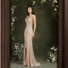 Sequin Evening Dress Sleeveless Draped Neckline Slit Maxi Elegant