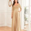 Sequin V-Neck Long Sleeve Satin Evening Gown Plus Size