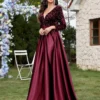 Plus Size V-neck Sequin Dress Velvet Long Sleeve Evening Gown