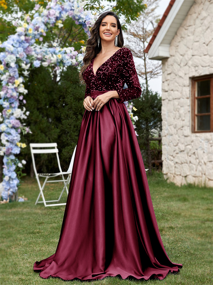 Plus Size V-neck Sequin Dress Velvet Long Sleeve Evening Gown