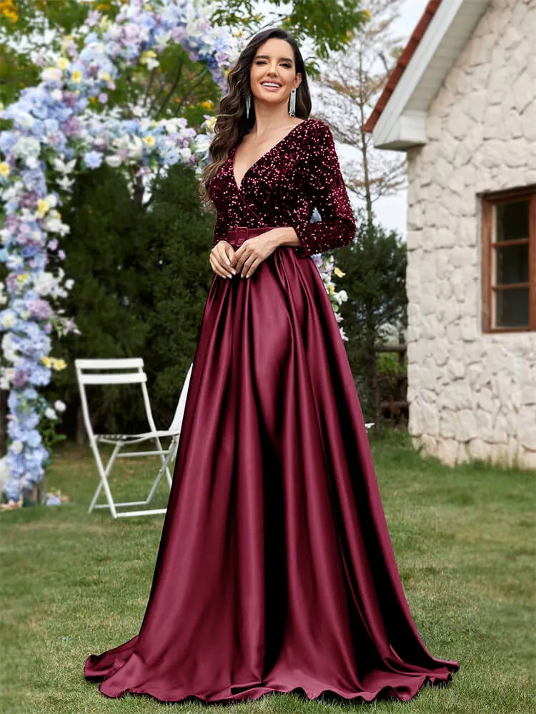 Plus Size V-neck Sequin Dress Velvet Long Sleeve Evening Gown