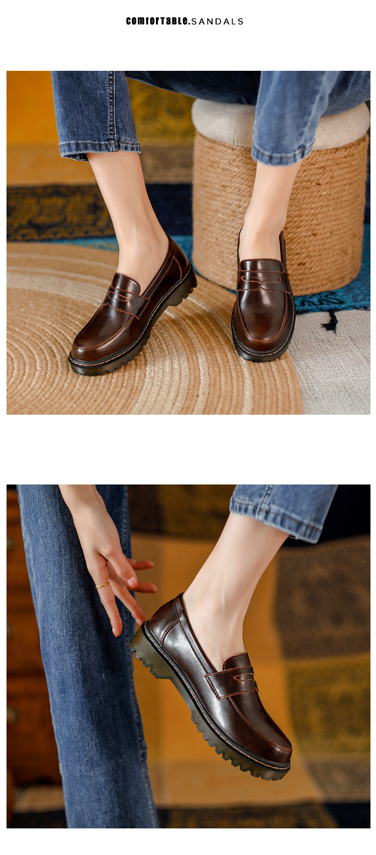 Womens Retro Round Toe Leather Loafer Flats Shoes Slip On Casual All Season