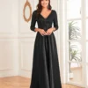 Sequin V-Neck Long Sleeve Satin Evening Gown Plus Size