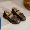 Womens Lolita Mary Jane Round Toe Bow Buckle Waxed Leather Low Heel Breathable