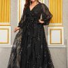 Plus Size Sequin V-Neck Lantern Sleeve High Waist Maxi Evening Dress