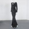Sequin Velvet Long Sleeve V-Neck Mermaid Evening Gown Formal Party Dress