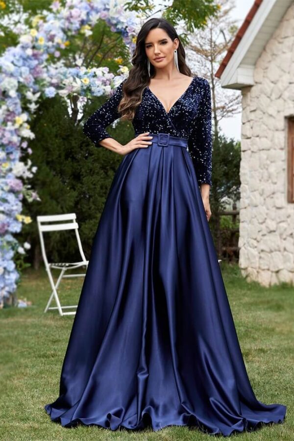 Plus Size V-neck Sequin Dress Velvet Long Sleeve Evening Gown