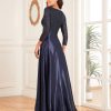 Sequin V-Neck Long Sleeve Satin Evening Gown Plus Size