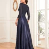 Sequin V-Neck Long Sleeve Satin Evening Gown Plus Size