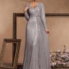 Sequin Long Sleeve V-Neck Elegant Maxi Evening Gown Women Dress