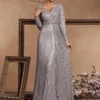 Sequin Long Sleeve V-Neck Elegant Maxi Evening Gown Women Dress