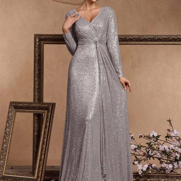 Sequin Long Sleeve V-Neck Elegant Maxi Evening Gown Women Dress