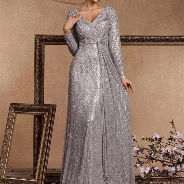Sequin Long Sleeve V-Neck Elegant Maxi Evening Gown Women Dress