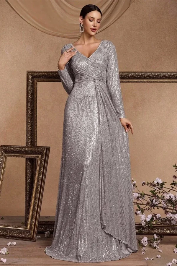 Sequin Long Sleeve V-Neck Elegant Maxi Evening Gown Women Dress