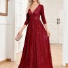 Womens Sequin V-Neck Long Sleeve Slim Maxi Evening Dress