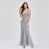Womens Summer Mermaid Evening Gown Deep V-Neck Sleeveless Tulle Sequin Embroidered Dress