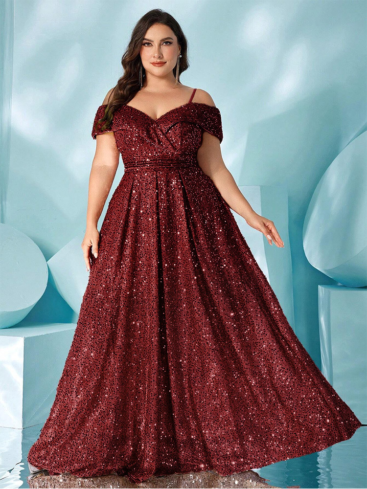 Plus Size Velvet Sequin Spaghetti Strap Evening Gown 2025 Summer Slimming Dress